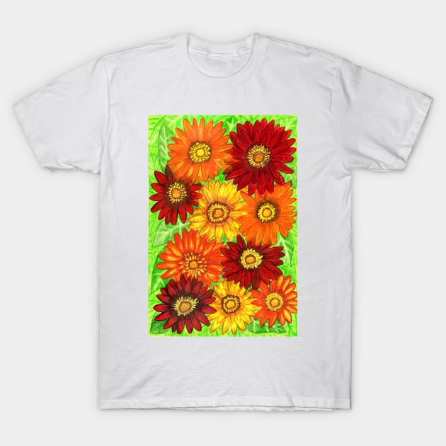 Background og gerbera flowers in red and yellow colours T-Shirt by IrinaAfonskaya